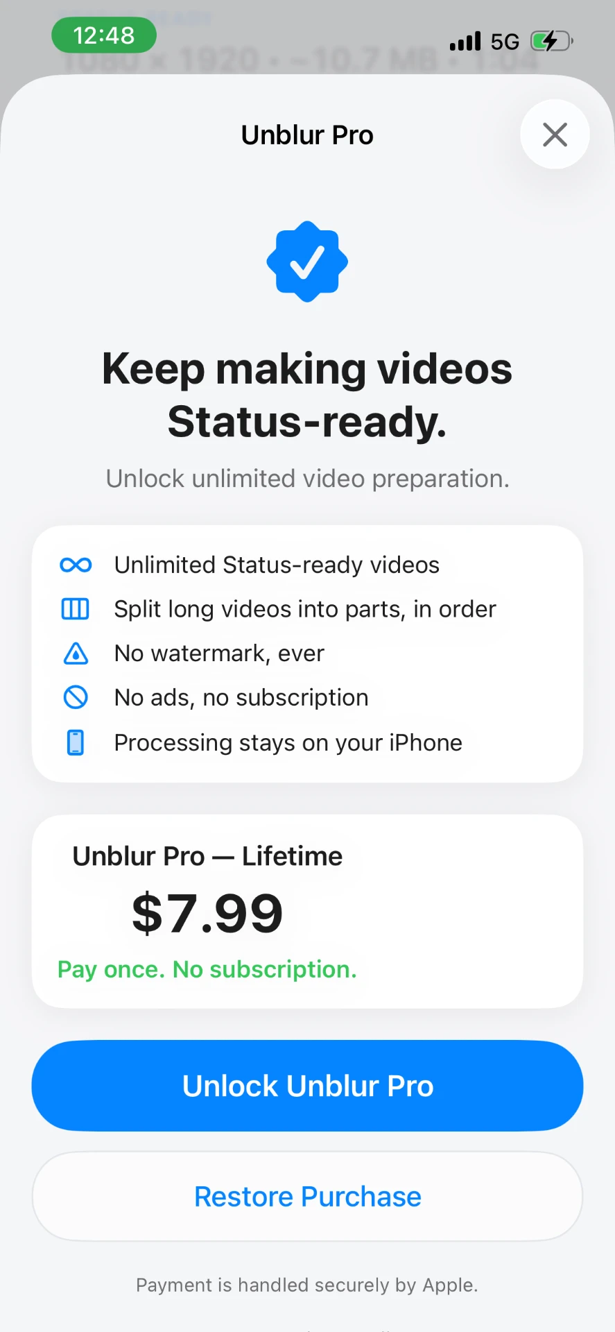 Unblur Pro purchase screen showing lifetime access for $7.99, included benefits, purchase and restore controls